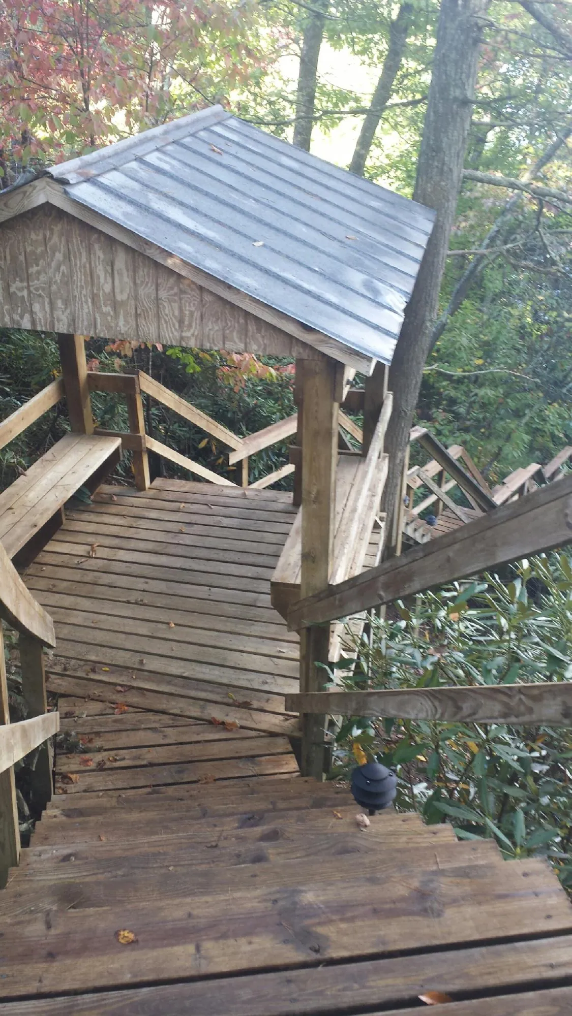 Metal roofed shelter over wooden steps on a wooded walkway — Skylight Repair & Installation work by our crew in Calder